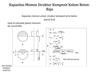 Kapasitas Momen Struktur Komposit Kolom Beton-
Baja
Kapasitas momen untuk struktur komposit terisi beton
(pasal I3.4)
How to calculate plastic moment
for round HSS:
AISC DESIGN
EXAMPLE
CHAPTER I
 