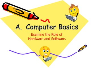 A. Computer Basics
    Examine the Role of
   Hardware and Software.
 