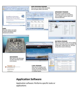 Application Software
Application software: Performs specific tasks or
applications
 