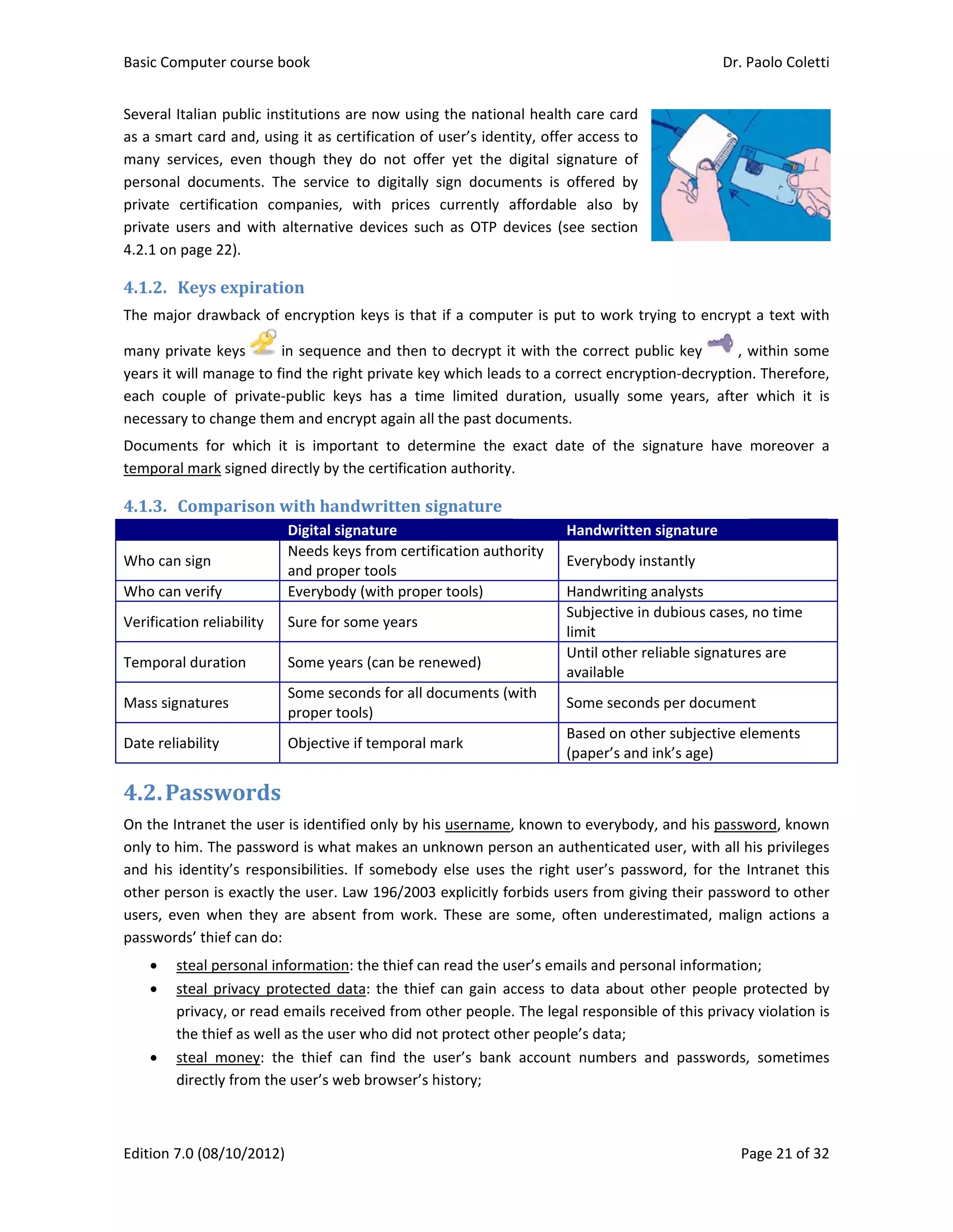 Basic Comp
Edition 7.0 
Several Ital
as a smart 
many  servi
personal  do
private  cer
private  use
4.2.1 on pag
4.1.2. Ke
The major d
many priva
years it will
each  coupl
necessary to
Documents
temporal m
4.1.3. Co
 
Who can sig
Who can ve
Verification
Temporal d
Mass signat
Date reliabi
4.2.Pas
On the Intra
only to him
and  his  ide
other perso
users,  even
passwords’ 
 stea
 stea
priv
the
 stea
dire
puter course 
(08/10/2012
ian public in
card and, us
ces,  even  th
ocuments.  T
rtification  co
rs  and with 
ge 22). 
eys	expirat
drawback of
te keys 
 manage to 
e  of  private
o change the
  for  which 
mark signed d
mparison	
gn 
erify 
n reliability 
uration 
tures 
ility 
sswords
anet the use
. The passw
entity’s respo
on is exactly 
n  when  they
thief can do
al personal in
al privacy pr
vacy, or read
 thief as wel
al  money:  t
ectly from th
book 
2) 
nstitutions ar
sing it as cer
hough  they 
The  service 
ompanies,  w
alternative 
tion	
f encryption 
 in sequence
find the righ
e‐public  key
em and encr
it  is  import
directly by th
with	hand
Digital sign
Needs key
and prope
Everybody
Sure for so
Some year
Some seco
proper too
Objective i
s	
er is identifie
ord is what 
onsibilities.  I
the user. La
y  are  absent
o: 
nformation: 
rotected dat
d emails rece
l as the user
the  thief  can
he user’s web
re now using
rtification of 
do  not  offe
to  digitally 
with  prices 
devices  suc
keys is that
e and then t
ht private key
s  has  a  tim
ypt again all
tant  to  dete
he certificatio
dwritten	si
nature 
s from certif
r tools  
y (with prope
ome years 
rs (can be ren
onds for all d
ols) 
if temporal m
ed only by hi
makes an un
If  somebody
w 196/2003
t  from  work
the thief can
ta: the thief
eived from o
r who did not
n  find  the  u
b browser’s h
g the nation
user’s ident
er  yet  the  d
sign  docum
currently  a
ch  as  OTP de
t if a compu
to decrypt it
y which lead
me  limited  d
 the past doc
ermine  the 
on authority.
ignature	
fication auth
er tools) 
newed) 
ocuments (w
mark 
s username,
nknown pers
y  else  uses  t
3 explicitly fo
.  These  are 
n read the us
f can gain ac
ther people.
t protect oth
user’s  bank 
history; 
al health ca
tity, offer ac
digital  signat
ents  is  offe
affordable  a
evices  (see  s
ter is put to
t with the co
ds to a correc
duration,  usu
cuments.  
exact  date 
. 
Han
ority 
Ever
Han
Subj
limit
Unti
avai
with 
Som
Base
(pap
, known to e
son an authe
the  right  use
orbids users 
some,  often
ser’s emails a
ccess to dat
. The legal re
her people’s 
account  nu
re card 
cess to 
ture  of 
ered  by 
also  by 
section 
o work trying
orrect public
ct encryption
ually  some 
of  the  signa
ndwritten sig
rybody insta
dwriting ana
jective in du
t 
il other relia
ilable 
me seconds p
ed on other s
per’s and ink
everybody, a
enticated use
er’s  passwor
from giving 
n  underestim
and persona
a about oth
esponsible o
data; 
umbers  and 
Dr. P
P
g to encrypt
c key   , w
n‐decryption
years,  after 
ature  have 
gnature 
ntly 
alysts 
bious cases, 
ble signature
per documen
subjective el
k’s age) 
nd his passw
er, with all h
rd,  for  the  I
their passwo
mated,  malig
al informatio
her people p
f this privacy
passwords,
Paolo Coletti
age 21 of 32
t a text with
within some
n. Therefore,
which  it  is
moreover  a
no time 
es are 
nt 
lements 
word, known
his privileges
ntranet  this
ord to other
gn  actions  a
n; 
protected by
y violation is
  sometimes
i 
2 
h 
e 
, 
s 
a 
n 
s 
s 
r 
a 
y 
s 
s 
 