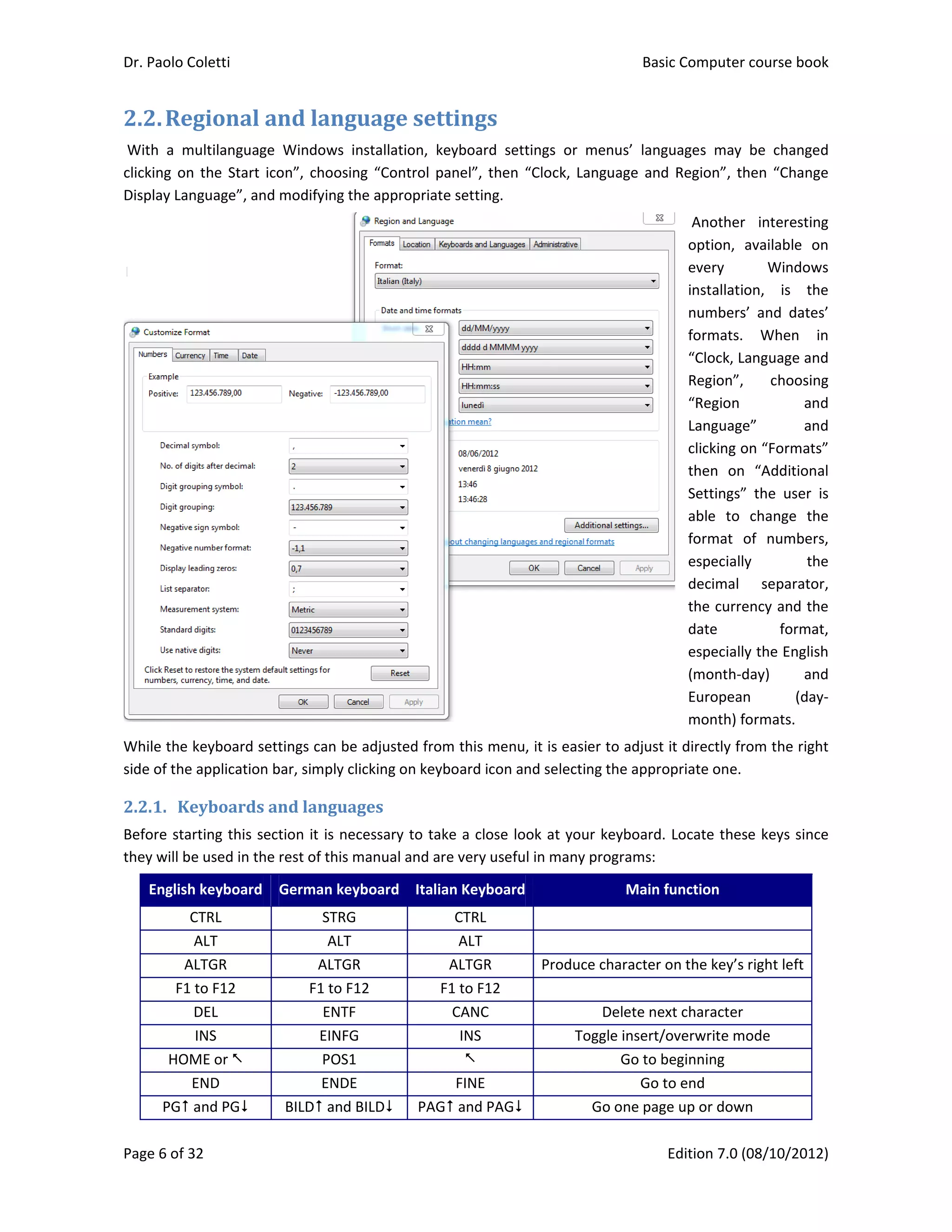 Dr. Paolo Coletti    Basic Computer course book  
Page 6 of 32    Edition 7.0 (08/10/2012)  
2.2.Regional	and	language	settings	
 With  a  multilanguage  Windows  installation,  keyboard  settings  or  menus’  languages  may  be  changed 
clicking on the Start icon”, choosing “Control panel”, then “Clock, Language and Region”, then “Change 
Display Language”, and modifying the appropriate setting. 
 Another  interesting 
option,  available  on 
every  Windows 
installation,  is  the 
numbers’  and  dates’ 
formats.  When  in 
“Clock, Language and 
Region”,  choosing 
“Region  and 
Language”  and 
clicking on “Formats” 
then  on  “Additional 
Settings”  the  user  is 
able  to  change  the 
format  of  numbers, 
especially  the 
decimal  separator, 
the currency and the 
date  format, 
especially the English 
(month‐day)  and 
European  (day‐
month) formats. 
While the keyboard settings can be adjusted from this menu, it is easier to adjust it directly from the right 
side of the application bar, simply clicking on keyboard icon and selecting the appropriate one. 
2.2.1. Keyboards	and	languages	
Before starting this section it is necessary to take a close look at your keyboard. Locate these keys since 
they will be used in the rest of this manual and are very useful in many programs: 
English keyboard  German keyboard Italian Keyboard Main function 
CTRL  STRG  CTRL   
ALT  ALT  ALT   
ALTGR  ALTGR  ALTGR  Produce character on the key’s right left
F1 to F12  F1 to F12  F1 to F12   
DEL  ENTF  CANC  Delete next character 
INS  EINFG  INS  Toggle insert/overwrite mode 
HOME or   POS1   Go to beginning 
END  ENDE  FINE  Go to end 
PG and PG  BILD and BILD  PAG and PAG  Go one page up or down 
 