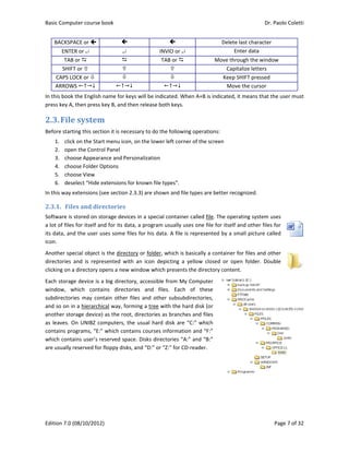 Basic Comp
Edition 7.0 
BACKSP
ENTE
TAB
SHIF
CAPS LO
ARROW
In this book
press key A,
2.3.File
Before start
1. clic
2. ope
3. cho
4. cho
5. cho
6. des
In this way 
2.3.1. Fil
Software is 
a lot of files
its data, an
icon.  
Another spe
directories 
clicking on a
Each storag
window,  w
subdirector
and so on i
another sto
as leaves. O
contains pr
which conta
are usually 
 
 
puter course 
(08/10/2012
PACE or  
ER or  
B or  
FT or  
OCK or  
WS  
k the English 
, then press 
e	system
ting this sect
k on the Star
en the Contro
oose Appeara
oose Folder O
oose View 
select “Hide e
extensions (s
es	and	dir
stored on st
s for itself an
d the user u
ecial object 
and  is  repr
a directory o
ge device is a
which  conta
ries  may  con
n a hierarch
orage device
On UNIBZ co
ograms, “E:”
ains user’s r
reserved for
book 
2) 
 
 
 
 
 

name for ke
key B, and th
m	
tion it is nece
rt menu icon
ol Panel  
ance and Per
Options 
extensions fo
see section 2
rectories	
torage devic
nd for its dat
uses some fi
is the direct
esented  wit
opens a new 
a big directo
ains  directo
ntain  other  f
ical way, for
) as the root
omputers, th
” which cont
eserved spa
r floppy disks
 
eys will be in
hen release 
essary to do 
n, on the low
rsonalization
or known file
2.3.3) are sh
ces in a spec
ta, a program
les for his d
tory or folde
th  an  icon  d
window whi
ory, accessib
ories  and  f
files  and  oth
rming a tree
t, directories
he usual har
tains courses
ce. Disks dir
s, and “D:” o

INVIO or 
TAB or 



dicated. Wh
both keys. 
the followin
wer left corne
n 
e types”. 
own and file
ial container
m usually us
ata. A file is
r, which is b
depicting  a  y
ich presents 
ble from My 
files.  Each 
her  subsubd
with the ha
s as branche
rd disk are “
s informatio
rectories “A:
r “Z:” for CD
M
hen A+B is in
ng operations
er of the scre
e types are be
r called file. T
ses one file f
s represented
basically a co
yellow  close
the director
Computer 
of  these 
directories, 
rd disk (or 
es and files 
“C:” which 
n and “F:” 
” and “B:” 
‐reader. 
Delete last
Enter
Move throug
Capitaliz
Keep SHIF
Move th
dicated, it m
s: 
een 
etter recogn
The operatin
for itself and
d by a small
ontainer for 
ed  or  open  f
ry content. 
Dr. P
t character 
r data 
h the windo
ze letters 
FT pressed 
he cursor 
means that th
nized. 
ng system us
d other files f
l picture call
files and oth
folder.  Doub
Paolo Coletti
Page 7 of 32
w 
he user must
ses 
for 
led 
her 
ble 
i 
2 
t 
 
 
 
 