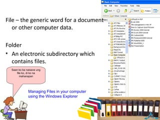 File – the generic word for a document or other computer data. Folder An electronic subdirectory which contains files. Saan ko ba naisave ung file ko, di ko na mahanapan Managing Files in your computer using the Windows Explorer 