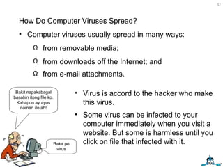 How Do Computer Viruses Spread?  Computer viruses usually spread in many ways: from removable media;  from downloads off the Internet; and from e-mail attachments.  Virus is accord to the hacker who make this virus.  Some virus can be infected to your computer immediately when you visit a website. But some is harmless until you click on file that infected with it. Bakit napakabagal basahin itong file ko. Kahapon ay ayos naman ito ah! Baka po virus 