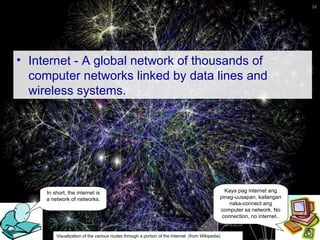 Internet - A global network of thousands of computer networks linked by data lines and wireless systems.    Kaya pag internet ang pinag-uusapan, kailangan naka-connect ang computer sa network. No connection, no internet.. In short, the internet is a network of networks. Visualization of the various routes through a portion of the Internet  (from Wikipedia) 