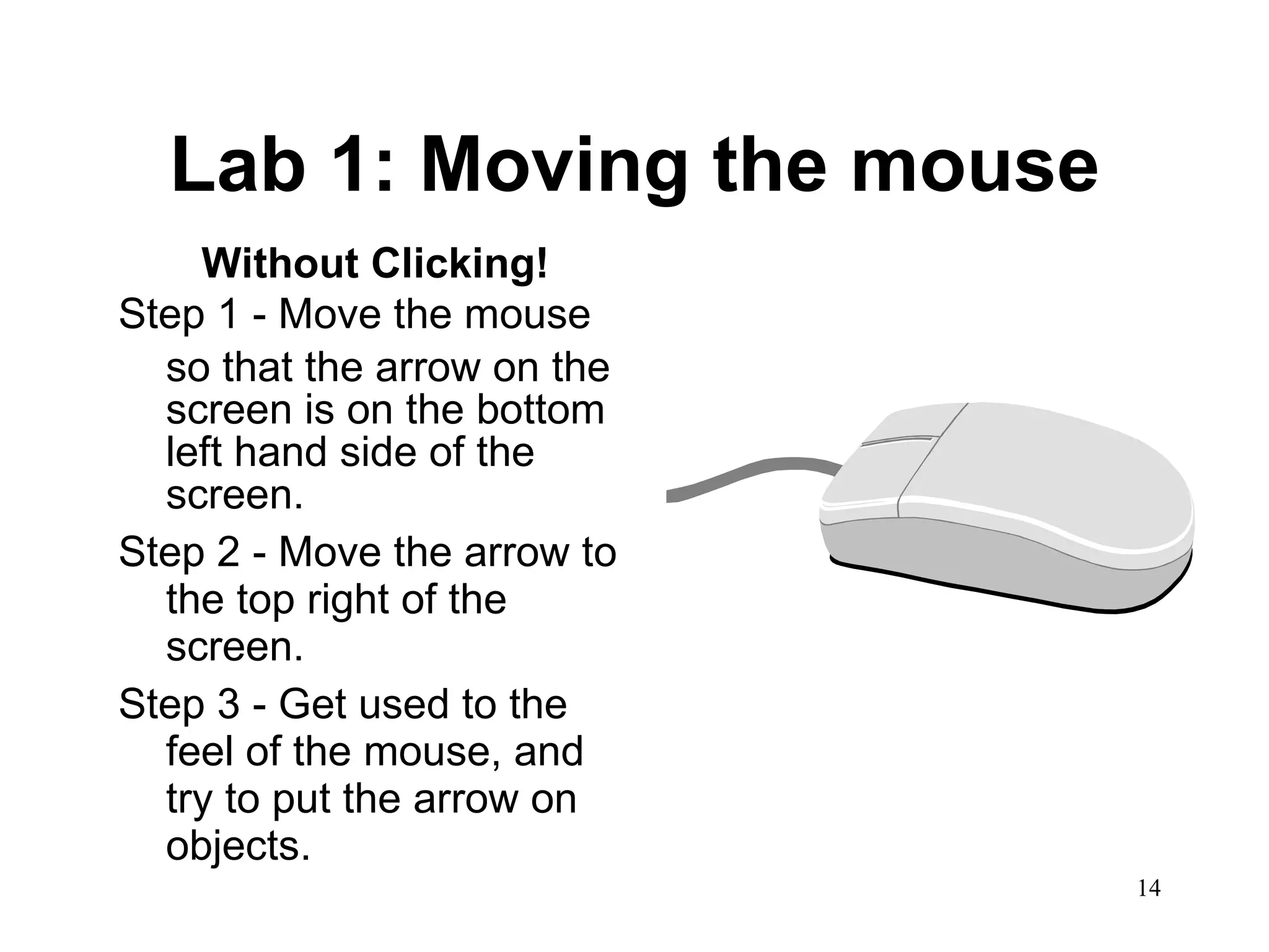 Lab 1: Moving the mouse Without Clicking! Step 1 - Move the mouse so that the arrow on the screen is on the bottom left hand side of the screen. Step 2 - Move the arrow to the top right of the screen.  Step 3 - Get used to the feel of the mouse, and try to put the arrow on objects.  