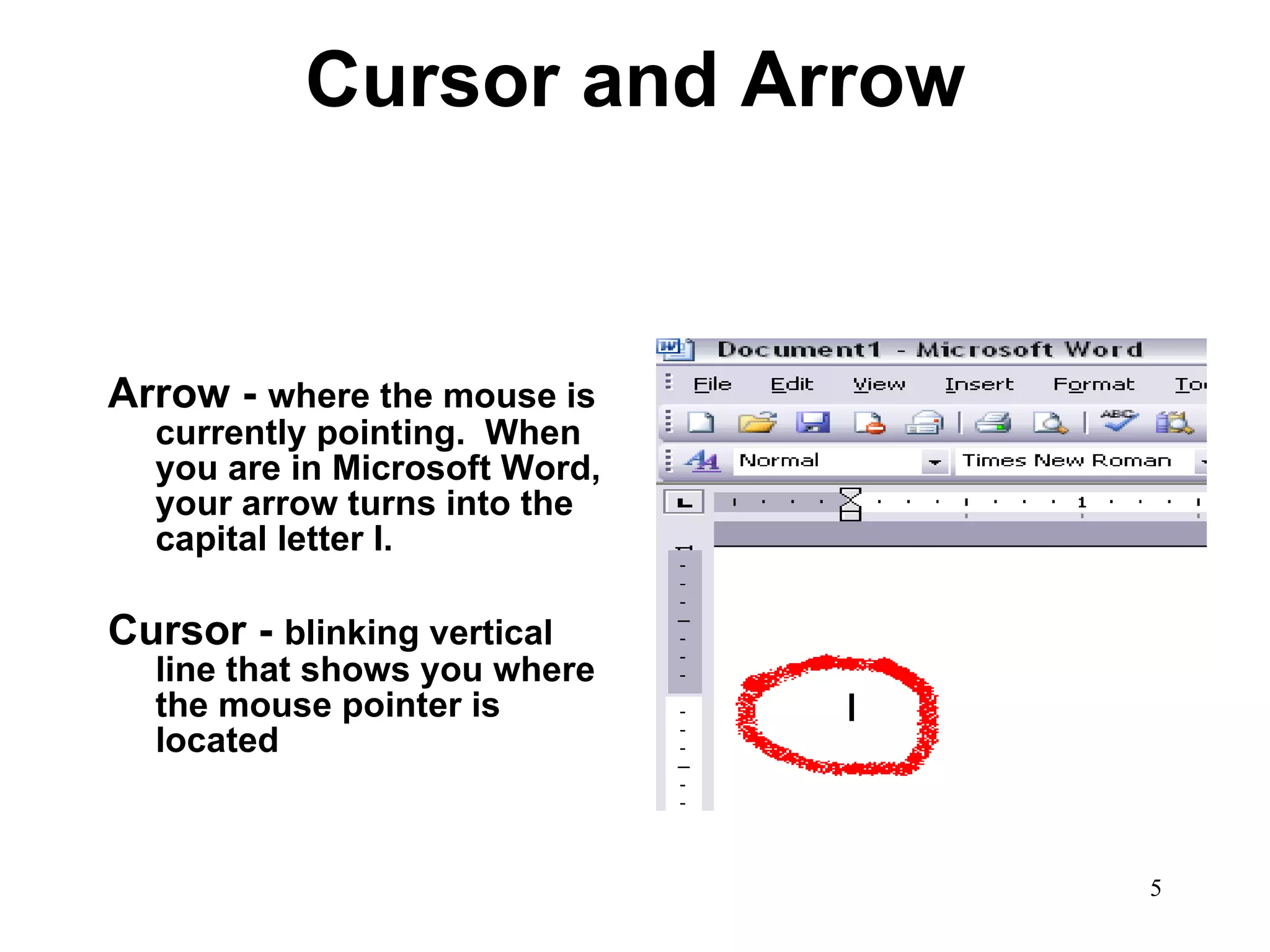 Cursor and Arrow Arrow -  where the mouse is currently pointing.  When you are in Microsoft Word, your arrow turns into the capital letter I.  Cursor -  blinking vertical line that shows you where the mouse pointer is located 