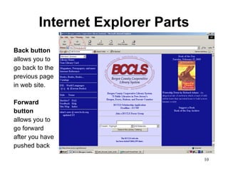 Internet Explorer Parts Back button allows you to  go back to the  previous page in web site.  Forward button allows you to go forward after you have  pushed back 