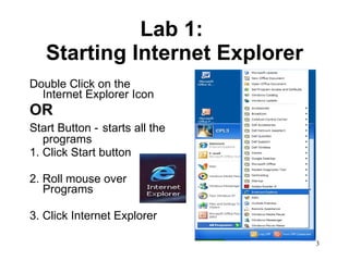 Lab 1:  Starting Internet Explorer Double Click on the Internet Explorer Icon OR Start Button -   starts all the programs 1. Click Start button 2. Roll mouse over Programs 3. Click Internet Explorer 