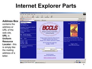 Internet Explorer Parts Address Box  contains the address or URL of the  web site.  URL  is  Uniform  Resource Locator  - this is simply like the mailing  address of a letter. 