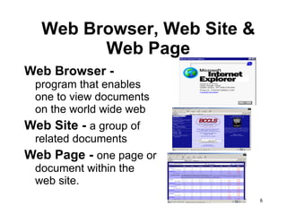 Web Browser, Web Site & Web Page Web Browser -  program that enables one to view documents on the world wide web Web Site -  a group of related documents  Web Page -  one page or document within the web site.  