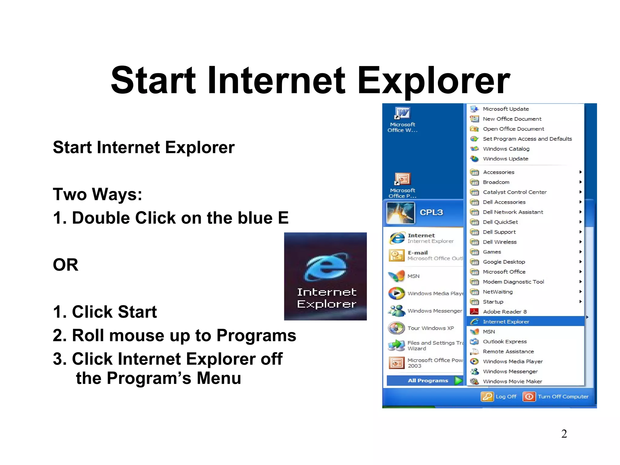 Start Internet Explorer Start Internet Explorer Two Ways: 1. Double Click on the blue E OR 1. Click Start 2. Roll mouse up to Programs 3. Click Internet Explorer off the Program’s Menu 