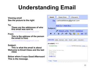 Understanding Email Viewing email See the picture to the right To: These are the addresses of who this email was sent to  [email_address] From:  This is the address of the person the email is from [email_address] Subject:  This is what the email is about Welcome to Email Class and the last class Below where it says Good Afternoon! This is the message.  