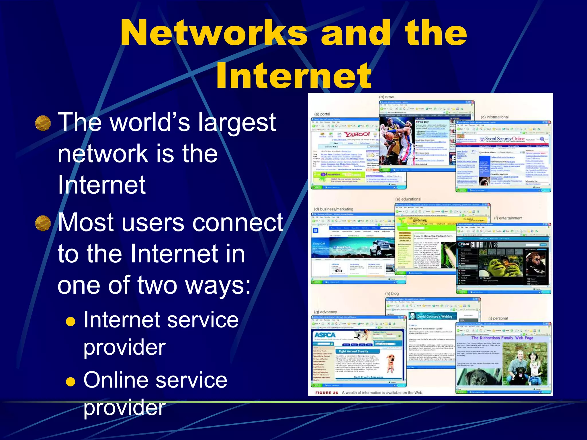 Networks and the
Internet
The world’s largest
network is the
Internet
Most users connect
to the Internet in
one of two ways:
 Internet service
provider
 Online service
provider
 