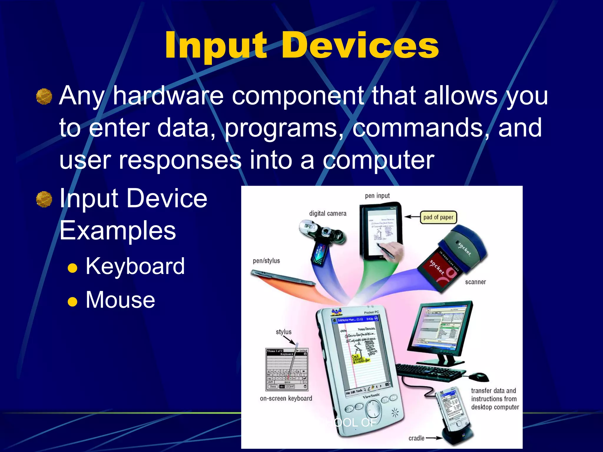 Input Devices
Any hardware component that allows you
to enter data, programs, commands, and
user responses into a computer
Input Device
Examples
 Keyboard
 Mouse
DIPOLOG SCHOOL OF
FISHERIES
 