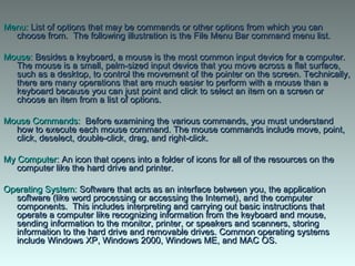 Menu:Menu: List of options that may be commands or other options from which you canList of options that may be commands or other options from which you can
choose from. The following illustration is the File Menu Bar command menu list.choose from. The following illustration is the File Menu Bar command menu list.
Mouse:Mouse: Besides a keyboard, a mouse is the most common input device for a computer. Besides a keyboard, a mouse is the most common input device for a computer. 
The mouse is a small, palm-sized input device that you move across a flat surface,The mouse is a small, palm-sized input device that you move across a flat surface,
such as a desktop, to control the movement of the pointer on the screen. Technically,such as a desktop, to control the movement of the pointer on the screen. Technically,
there are many operations that are much easier to perform with a mouse than athere are many operations that are much easier to perform with a mouse than a
keyboard because you can just point and click to select an item on a screen orkeyboard because you can just point and click to select an item on a screen or
choose an item from a list of options. choose an item from a list of options. 
Mouse Commands:Mouse Commands:  Before examining the various commands, you must understand  Before examining the various commands, you must understand
how to execute each mouse command. The mouse commands include move, point,how to execute each mouse command. The mouse commands include move, point,
click, deselect, double-click, drag, and right-click.click, deselect, double-click, drag, and right-click.
My Computer:My Computer: An icon that opens into a folder of icons for all of the resources on the An icon that opens into a folder of icons for all of the resources on the
computer like the hard drive and printer. computer like the hard drive and printer. 
Operating System:Operating System: Software that acts as an interface between you, the application Software that acts as an interface between you, the application
software (like word processing or accessing the Internet), and the computersoftware (like word processing or accessing the Internet), and the computer
components. This includes interpreting and carrying out basic instructions thatcomponents. This includes interpreting and carrying out basic instructions that
operate a computer like recognizing information from the keyboard and mouse,operate a computer like recognizing information from the keyboard and mouse,
sending information to the monitor, printer, or speakers and scanners, storingsending information to the monitor, printer, or speakers and scanners, storing
information to the hard drive and removable drives. Common operating systemsinformation to the hard drive and removable drives. Common operating systems
include Windows XP, Windows 2000, Windows ME, and MAC OS.include Windows XP, Windows 2000, Windows ME, and MAC OS.
 