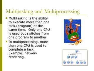 Multitasking and Multiprocessing
 Multitasking is the ability
to execute more than one
task (program) at the
same time. Only one CPU
is used but switches from
one program to another.
 In multiprocessing, more
than one CPU is used to
complete a task.
Example: network
rendering.
 