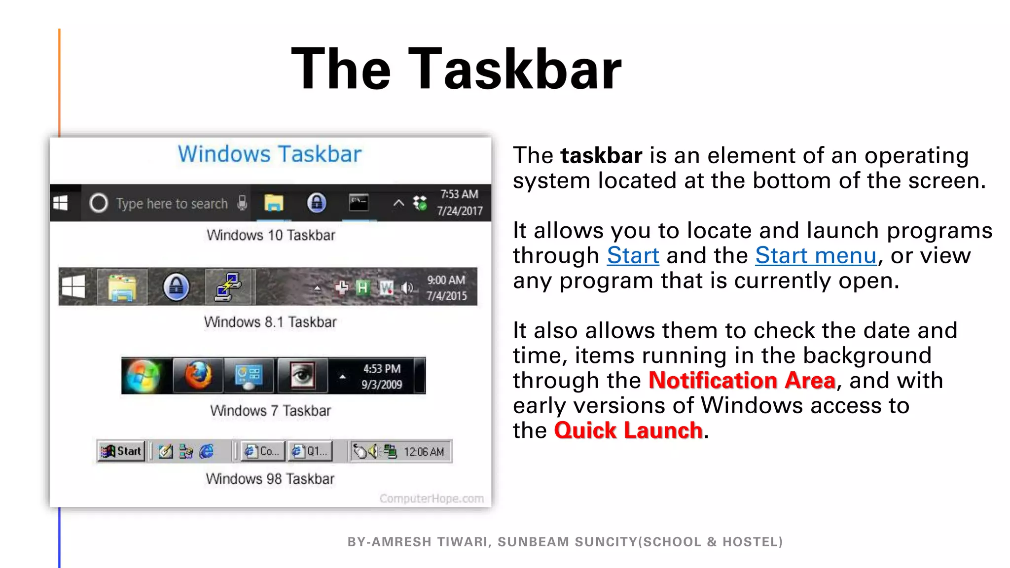 The taskbar is an element of an operating
system located at the bottom of the screen.
It allows you to locate and launch programs
through Start and the Start menu, or view
any program that is currently open.
It also allows them to check the date and
time, items running in the background
through the Notification Area, and with
early versions of Windows access to
the Quick Launch.
BY-AMRESH TIWARI, SUNBEAM SUNCITY(SCHOOL & HOSTEL)
 