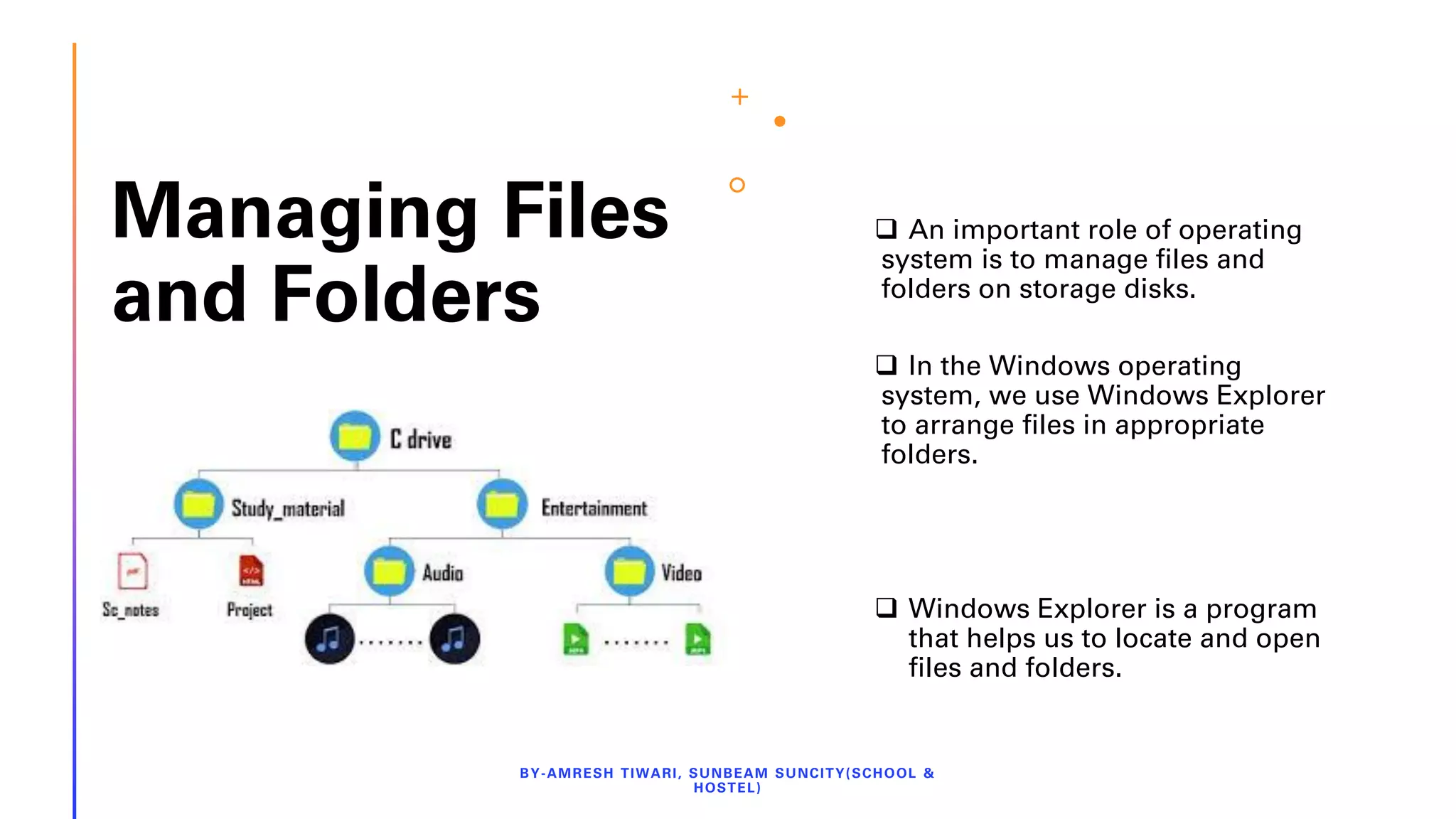 Managing Files
and Folders
❑ An important role of operating
system is to manage files and
folders on storage disks.
❑ In the Windows operating
system, we use Windows Explorer
to arrange files in appropriate
folders.
❑ Windows Explorer is a program
that helps us to locate and open
files and folders.
BY-AMRESH TIWARI, SUNBEAM SUNCITY(SCHOOL &
HOSTEL)
 