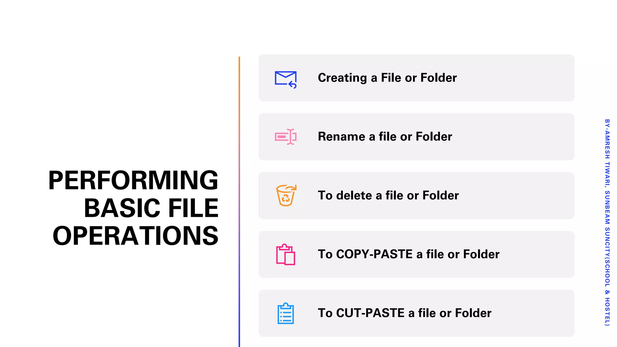 PERFORMING
BASIC FILE
OPERATIONS
BY-AMRESHTIWARI,SUNBEAMSUNCITY(SCHOOL&HOSTEL)
Creating a File or Folder
Rename a file or Folder
To delete a file or Folder
To COPY-PASTE a file or Folder
To CUT-PASTE a file or Folder
 