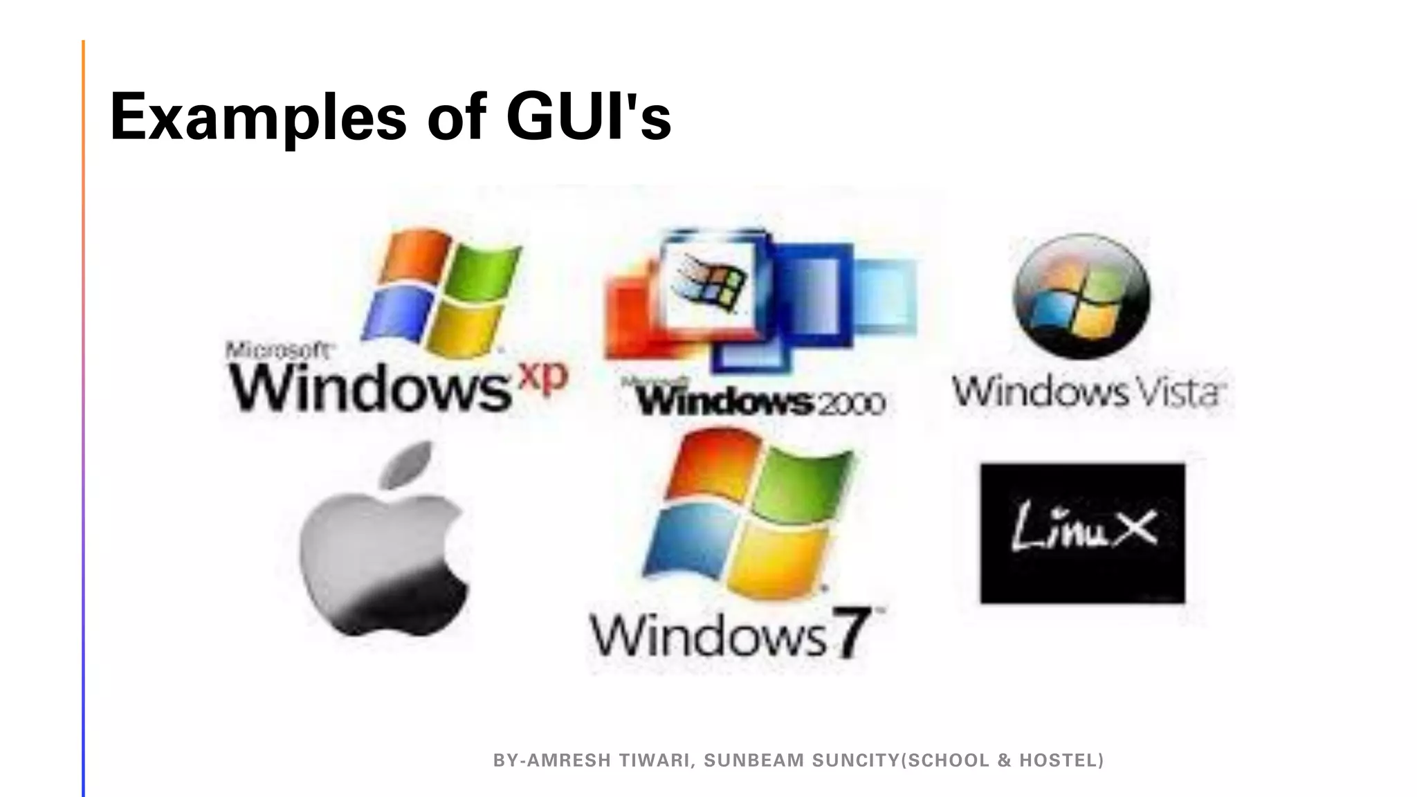Examples of GUI's
BY-AMRESH TIWARI, SUNBEAM SUNCITY(SCHOOL & HOSTEL)
 