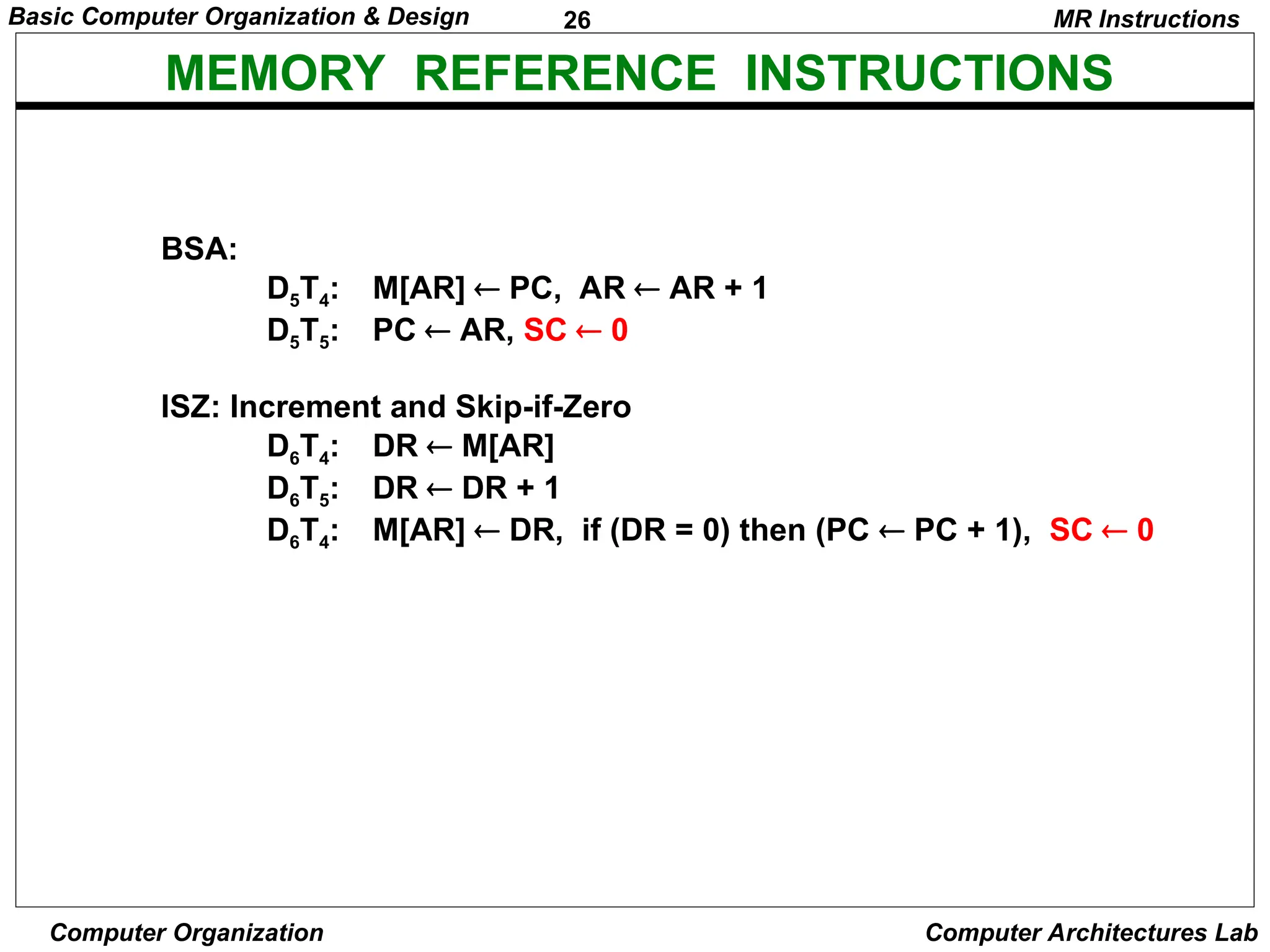 26
Basic Computer Organization & Design
Computer Organization Computer Architectures Lab
MEMORY REFERENCE INSTRUCTIONS
MR Instructions
BSA:
D5T4: M[AR]  PC, AR  AR + 1
D5T5: PC  AR, SC  0
ISZ: Increment and Skip-if-Zero
D6T4: DR  M[AR]
D6T5: DR  DR + 1
D6T4: M[AR]  DR, if (DR = 0) then (PC  PC + 1), SC  0
 