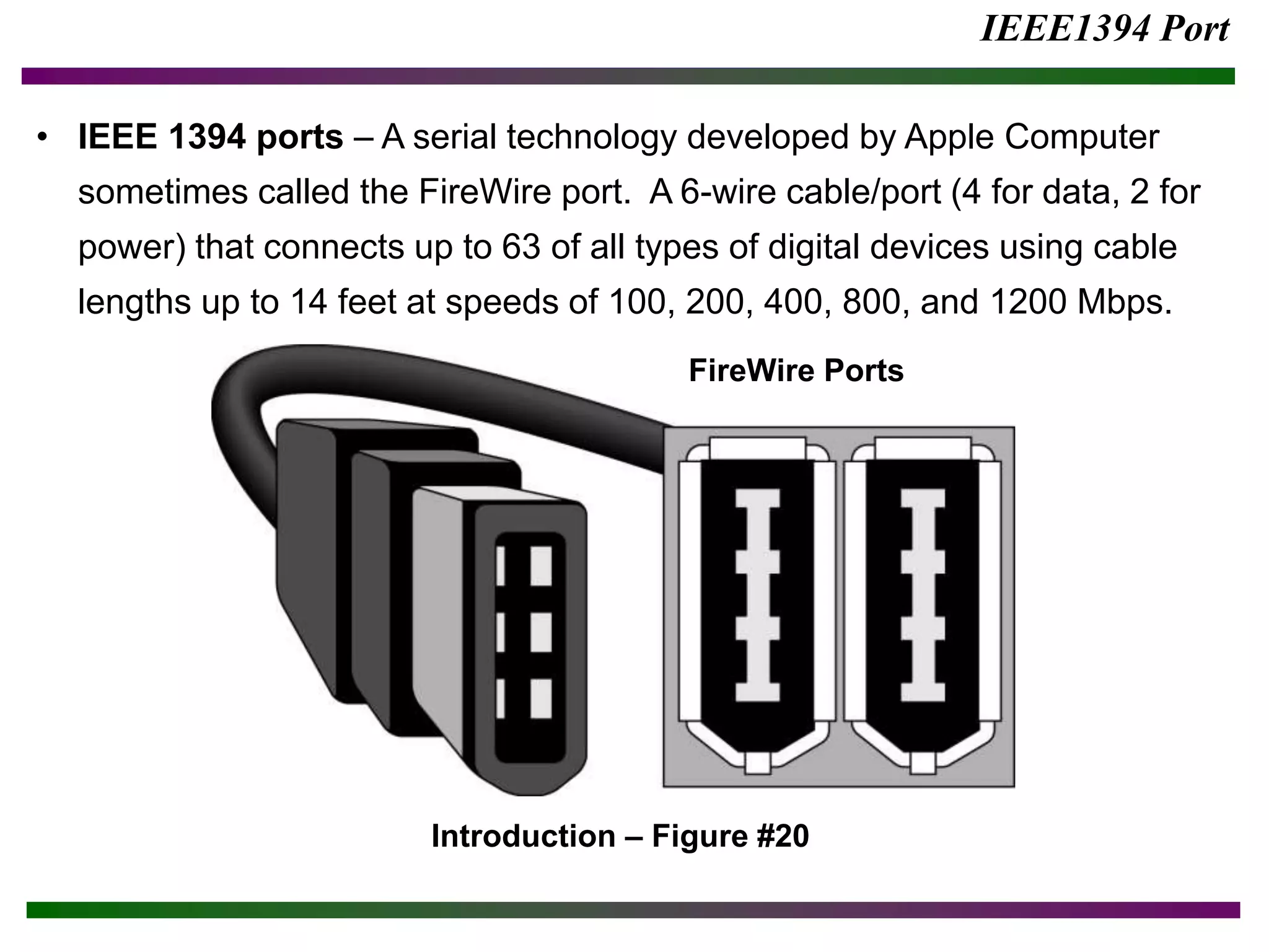 IEEE1394 Port
• IEEE 1394 ports – A serial technology developed by Apple Computer
sometimes called the FireWire port. A 6-wire cable/port (4 for data, 2 for
power) that connects up to 63 of all types of digital devices using cable
lengths up to 14 feet at speeds of 100, 200, 400, 800, and 1200 Mbps.
Introduction – Figure #20
FireWire Ports
 
