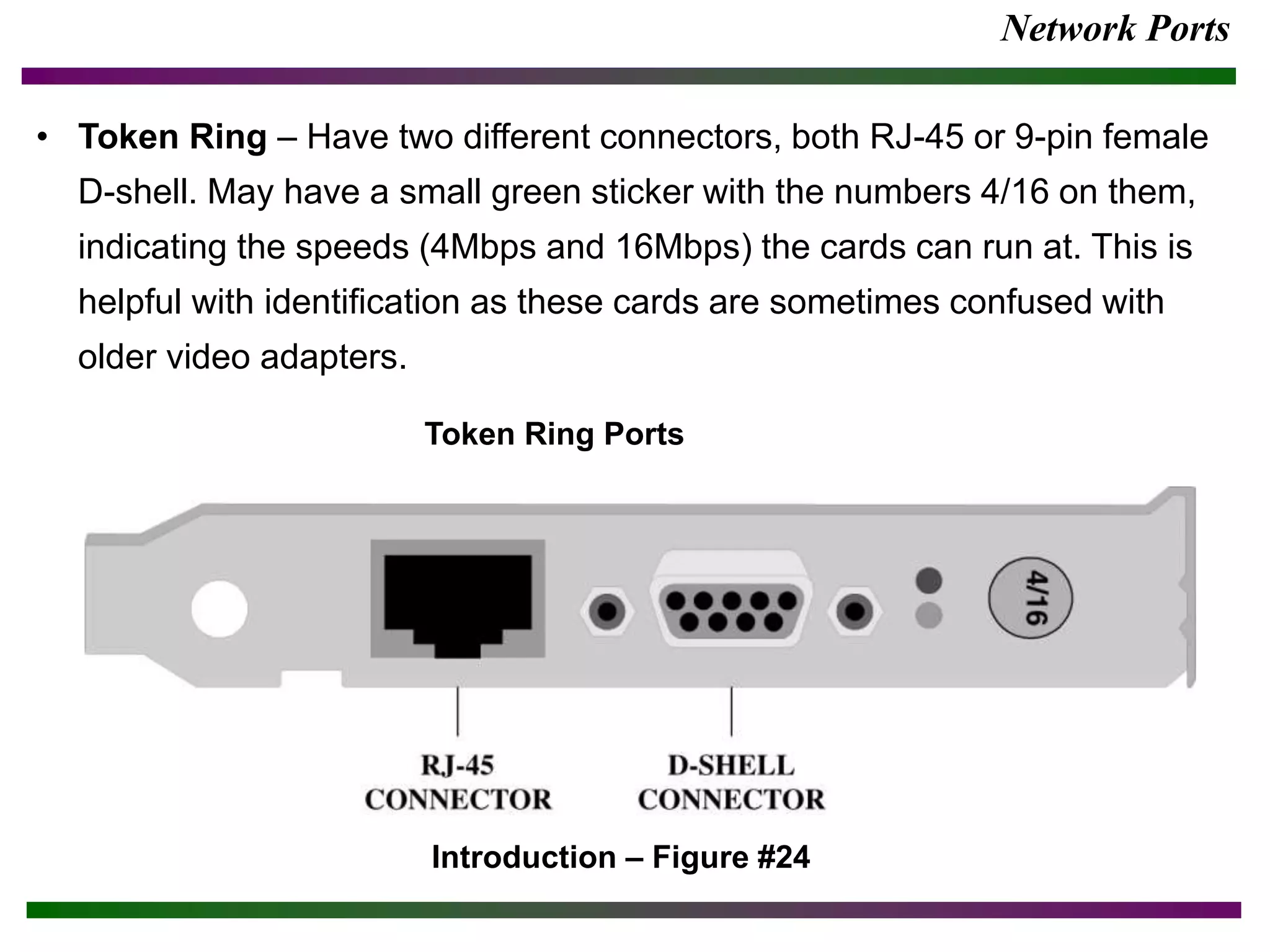 Network Ports
• Token Ring – Have two different connectors, both RJ-45 or 9-pin female
D-shell. May have a small green sticker with the numbers 4/16 on them,
indicating the speeds (4Mbps and 16Mbps) the cards can run at. This is
helpful with identification as these cards are sometimes confused with
older video adapters.
Introduction – Figure #24
Token Ring Ports
 