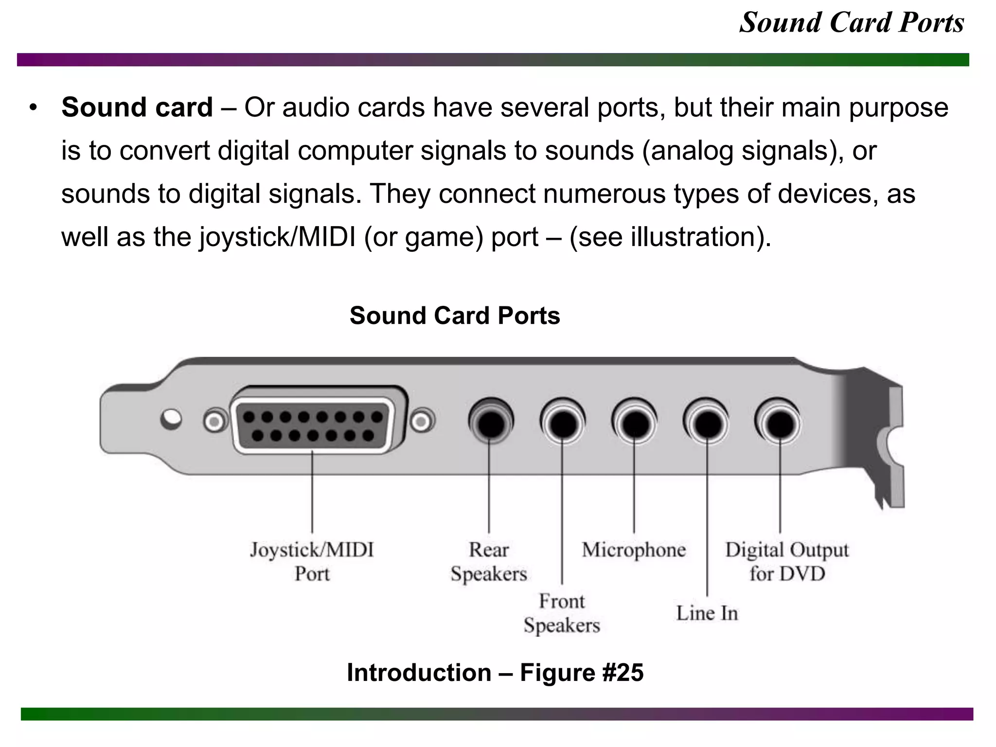Sound Card Ports
• Sound card – Or audio cards have several ports, but their main purpose
is to convert digital computer signals to sounds (analog signals), or
sounds to digital signals. They connect numerous types of devices, as
well as the joystick/MIDI (or game) port – (see illustration).
Introduction – Figure #25
Sound Card Ports
 