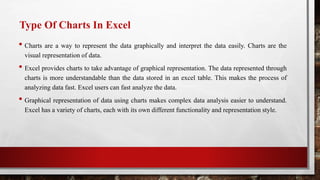 Type Of Charts In Excel
• Charts are a way to represent the data graphically and interpret the data easily. Charts are the
visual representation of data.
• Excel provides charts to take advantage of graphical representation. The data represented through
charts is more understandable than the data stored in an excel table. This makes the process of
analyzing data fast. Excel users can fast analyze the data.
• Graphical representation of data using charts makes complex data analysis easier to understand.
Excel has a variety of charts, each with its own different functionality and representation style.
 