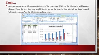 Cont…
• Now you should see a title appear at the top of the chart area. Click on the title and it will become
editable. Enter the text that you would like to see as the title. In this tutorial, we have entered
"sales and expenses" as the title for the column chart.
 