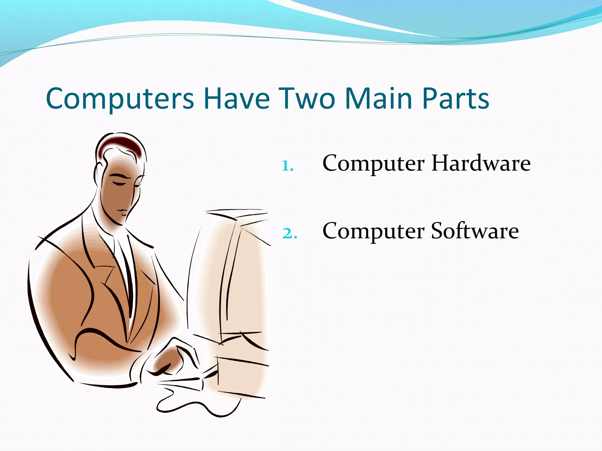 Computers Have Two Main Parts
1. Computer Hardware
2. Computer Software
 
