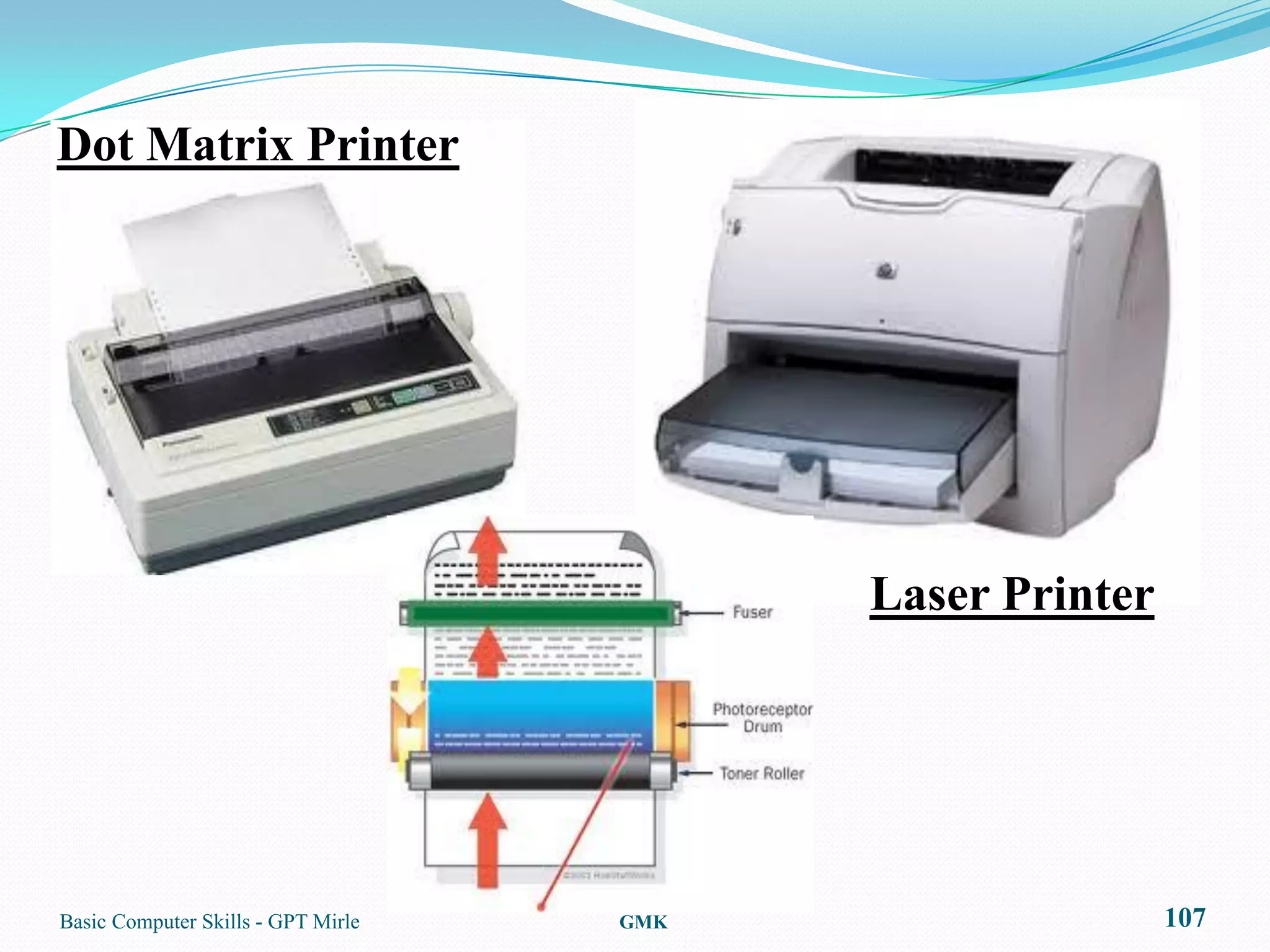 Dot Matrix Printer




                                          Laser Printer




Basic Computer Skills - GPT Mirle   GMK                   107
 