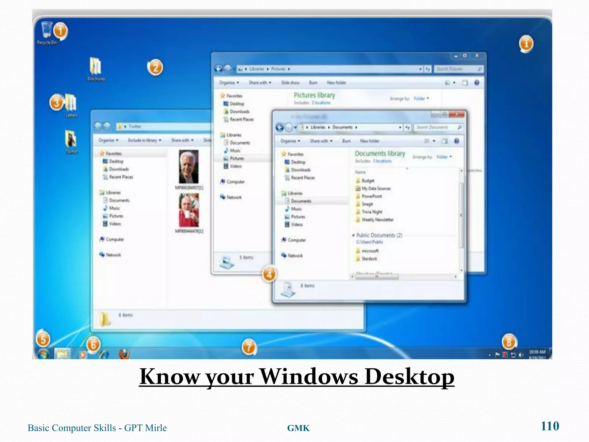 Know your Windows Desktop

Basic Computer Skills - GPT Mirle    GMK              110
 