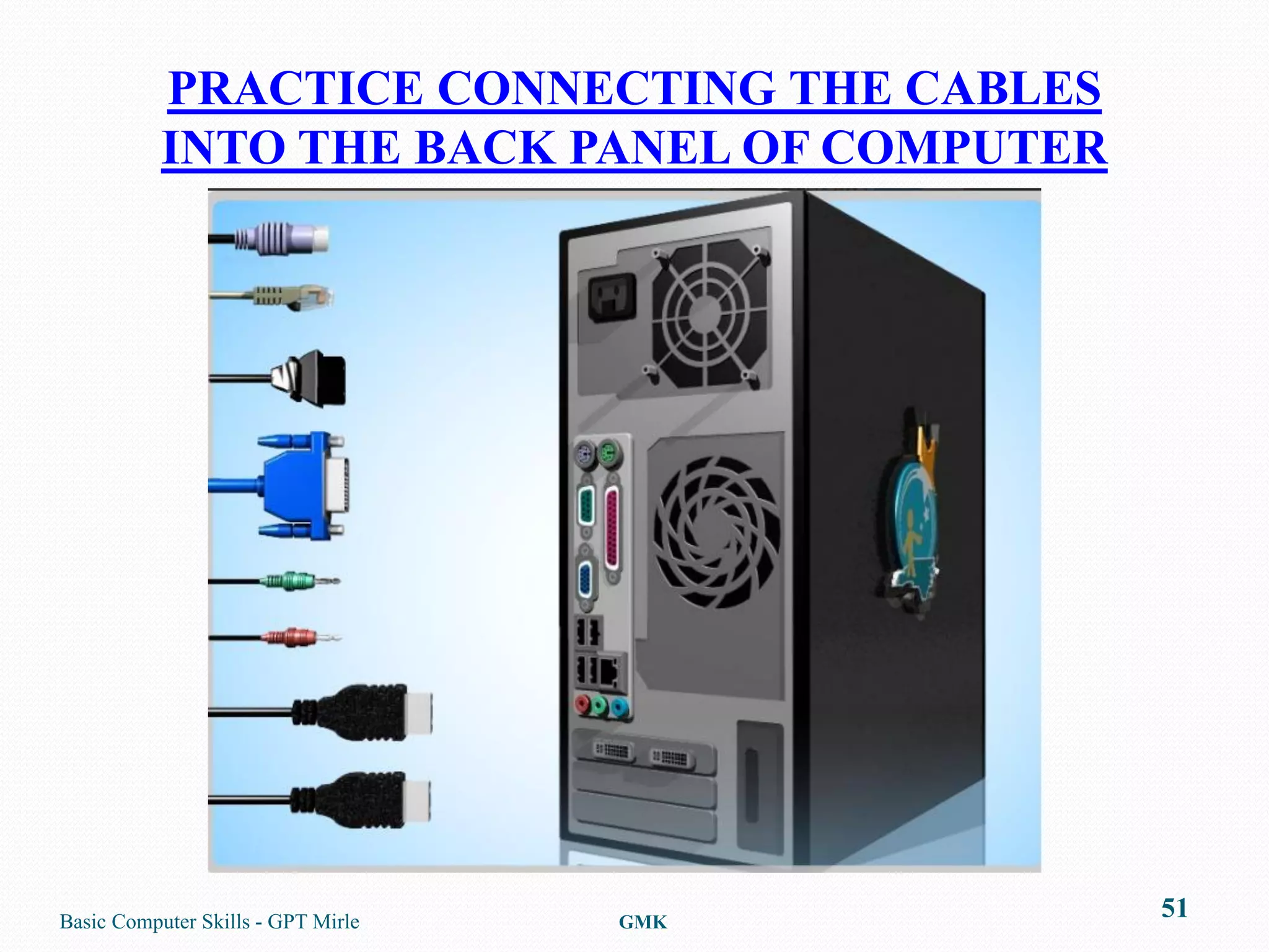 PRACTICE CONNECTING THE CABLES
           INTO THE BACK PANEL OF COMPUTER




Basic Computer Skills - GPT Mirle   GMK
                                             51
 