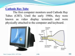 Cathode Ray Tube
         The first computer monitors used Cathode Ray
   Tubes (CRT). Until the early 1980s, they were
   known as video display terminals and were
   physically attached to the computer and keyboard.




Basic Computer Skills - GPT Mirle   GMK                 102
 