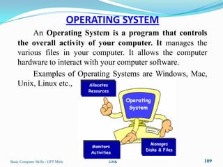OPERATING SYSTEM
         An Operating System is a program that controls
    the overall activity of your computer. It manages the
    various files in your computer. It allows the computer
    hardware to interact with your computer software.
         Examples of Operating Systems are Windows, Mac,
    Unix, Linux etc.,




Basic Computer Skills - GPT Mirle          GMK           109
 