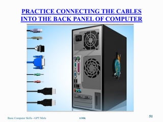 PRACTICE CONNECTING THE CABLES
           INTO THE BACK PANEL OF COMPUTER




Basic Computer Skills - GPT Mirle   GMK
                                             51
 