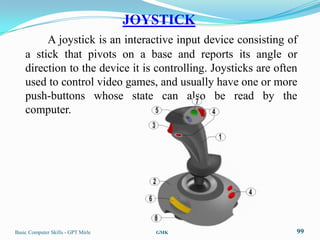 JOYSTICK
         A joystick is an interactive input device consisting of
    a stick that pivots on a base and reports its angle or
    direction to the device it is controlling. Joysticks are often
    used to control video games, and usually have one or more
    push-buttons whose state can also be read by the
    computer.




Basic Computer Skills - GPT Mirle      GMK                       99
 