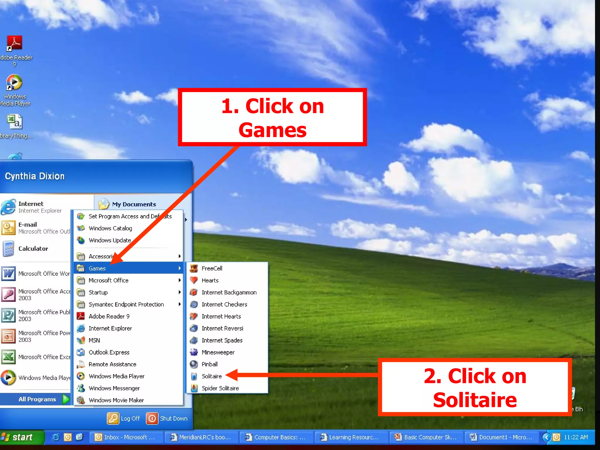 1. Click on Games 2. Click on Solitaire 