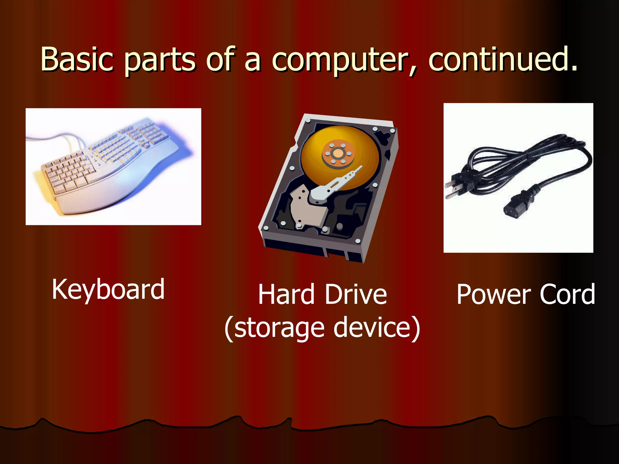 Basic parts of a computer, continued. Keyboard Hard Drive (storage device) Power Cord 
