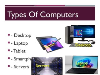 Types Of Computers
 - Desktop
 - Laptop
 - Tablet
 - Smartphone
 - Servers
Desktop
Laptop
Tablet
Servers
 