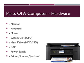 Parts Of A Computer - Hardware
 - Monitor
 - Keyboard
 - Mouse
 - System Unit (CPU)
 - Hard Drive (HDD/SSD)
 - RAM
 - Power Supply
 - Printer, Scanner, Speakers
 