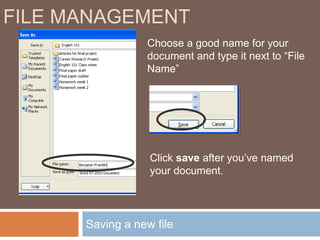 Drives, Files & Folders, What are they?File ManagementThis file cabinet (Drive) contains all of your school work.You might have a folder for each of your classes.Each file folder contains all of your work for that class (research papers, homework, notes, etc.)