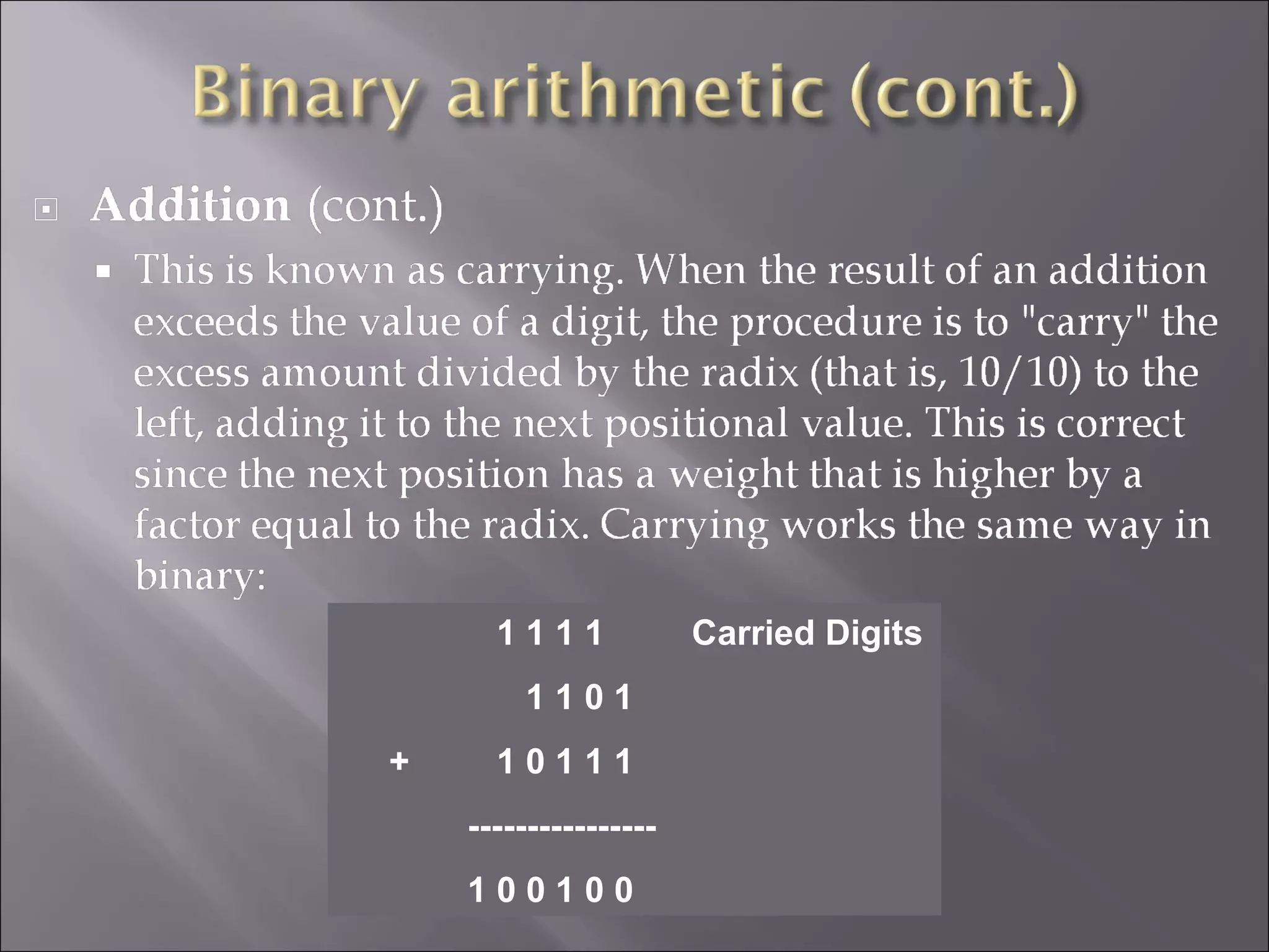 1 1 1 1 Carried Digits
1 1 0 1
+ 1 0 1 1 1
----------------
1 0 0 1 0 0
 