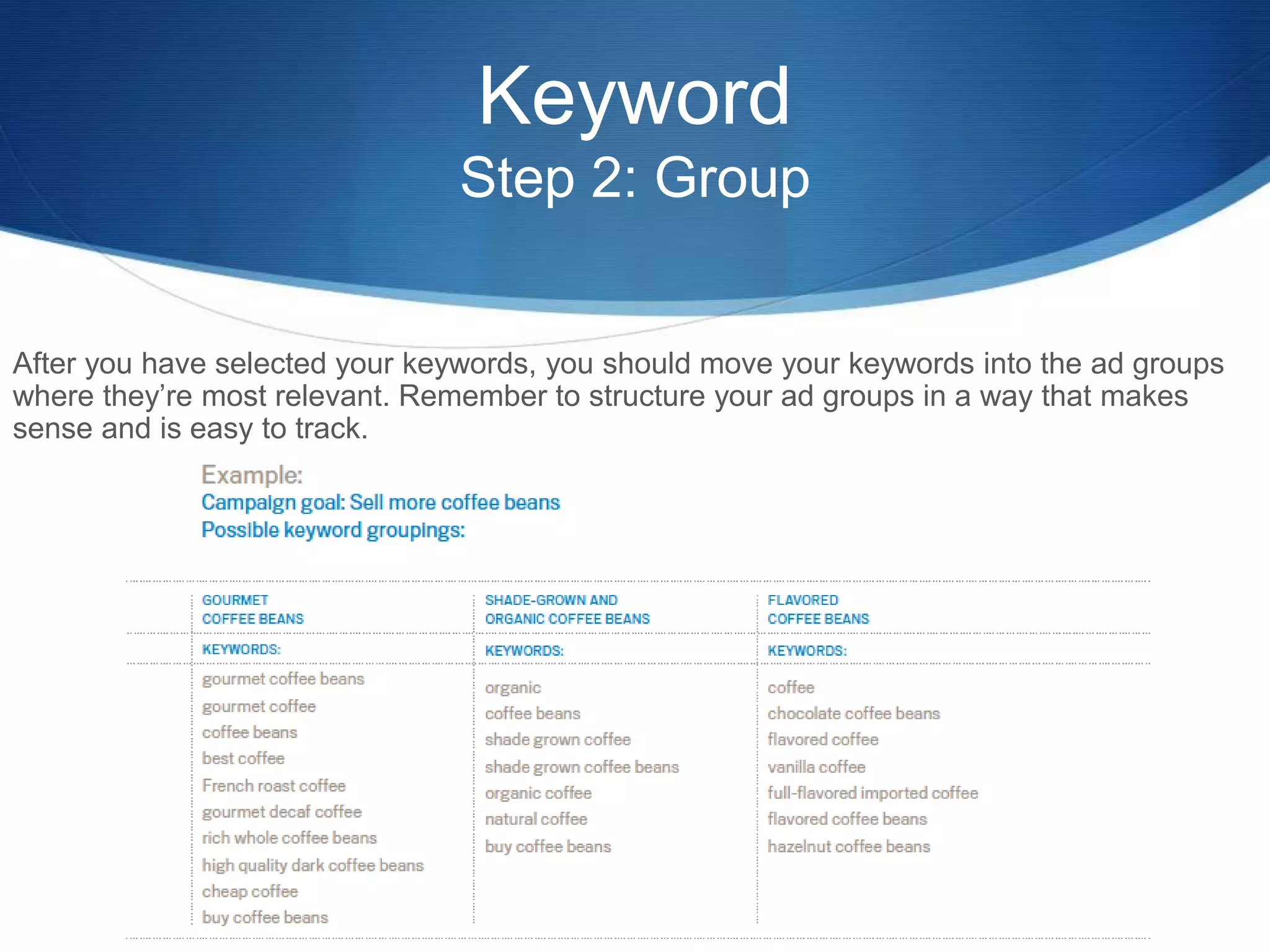 After you have selected your keywords, you should move your keywords into the ad groups
where they’re most relevant. Remember to structure your ad groups in a way that makes
sense and is easy to track.
Keyword
Step 2: Group
 