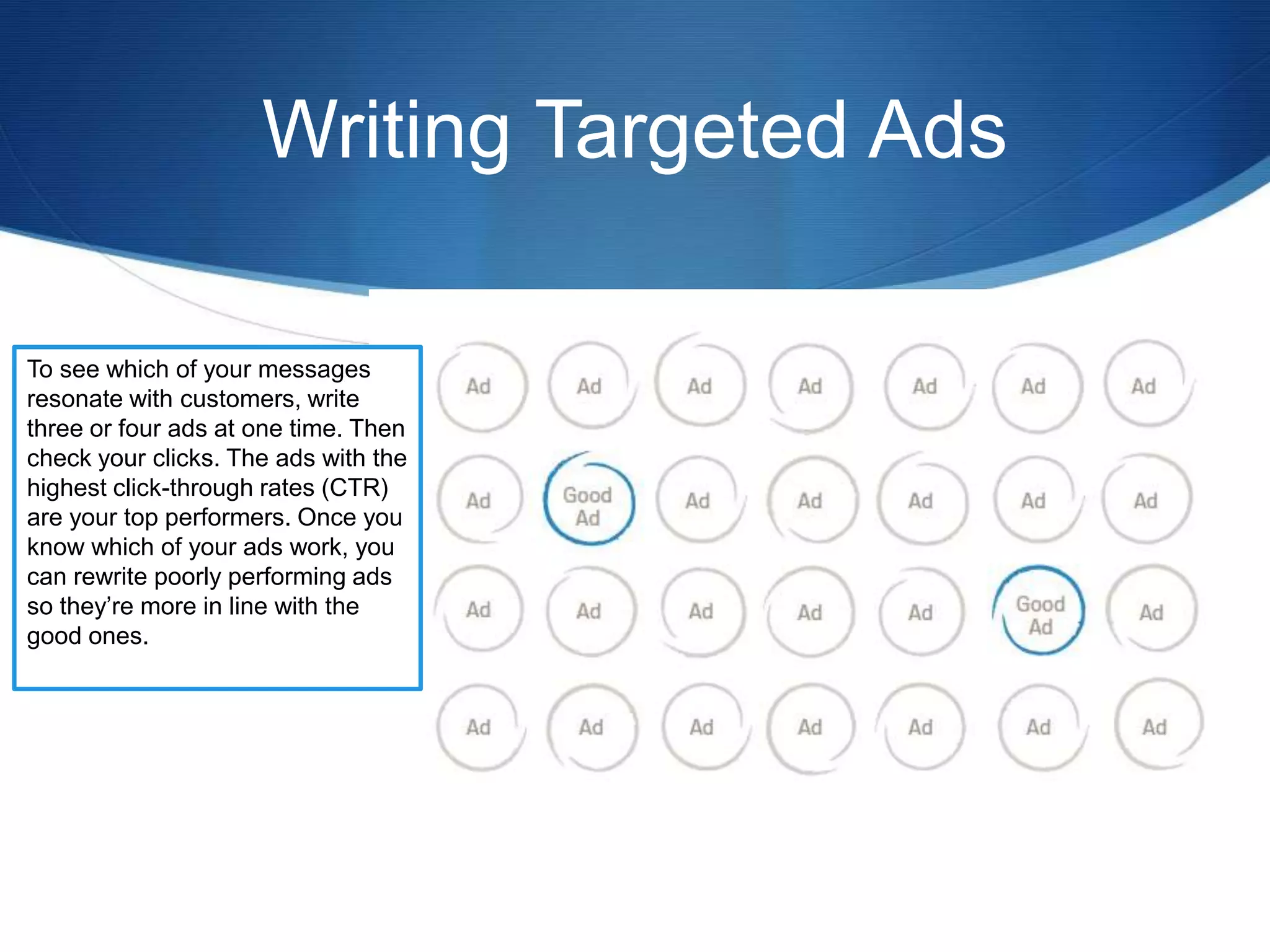 Writing Targeted Ads
To see which of your messages
resonate with customers, write
three or four ads at one time. Then
check your clicks. The ads with the
highest click-through rates (CTR)
are your top performers. Once you
know which of your ads work, you
can rewrite poorly performing ads
so they’re more in line with the
good ones.
 