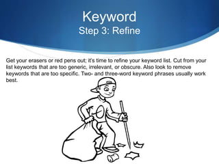 Keyword
Step 3: Refine
Get your erasers or red pens out; it’s time to refine your keyword list. Cut from your
list keywords that are too generic, irrelevant, or obscure. Also look to remove
keywords that are too specific. Two- and three-word keyword phrases usually work
best.
 