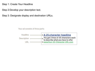 Step 1: Create Your Headline
Step 2:Develop your description text.
Step 3: Designate display and destination URLs.
 
