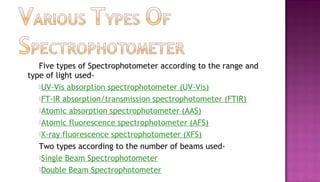 Five types of Spectrophotometer according to the range and
type of light used-
   UV-Vis absorption spectrophotometer (UV-Vis)

   FT-IR absorption/transmission spectrophotometer (FTIR)
   Atomic absorption spectrophotometer (AAS)

   Atomic fluorescence spectrophotometer (AFS)

   X-ray fluorescence spectrophotometer (XFS)

   Two types according to the number of beams used-
   Single Beam Spectrophotometer

   Double Beam Spectrophotometer
 